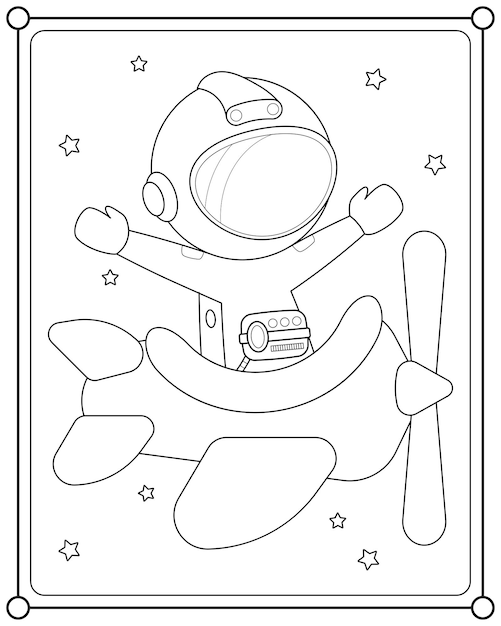 Leuke astronaut die een vliegtuig berijdt in de ruimte die geschikt is voor de kleurplaat vectorillustratie van kinderen