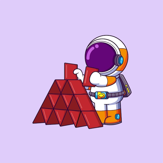 Leuke astronaut die kaartenhuis piramide toren speelt.