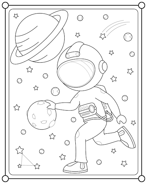 Leuke astronaut die maanbal speelt in de ruimte die geschikt is voor de kleurplaat vectorillustratie van kinderen