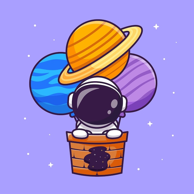 Leuke Astronaut Drijvend Met Hete Luchtballon Planeet Cartoon Vector Pictogram Illustratie. Wetenschap technologie pictogram Concept geïsoleerd Premium Vector. Platte cartoonstijl