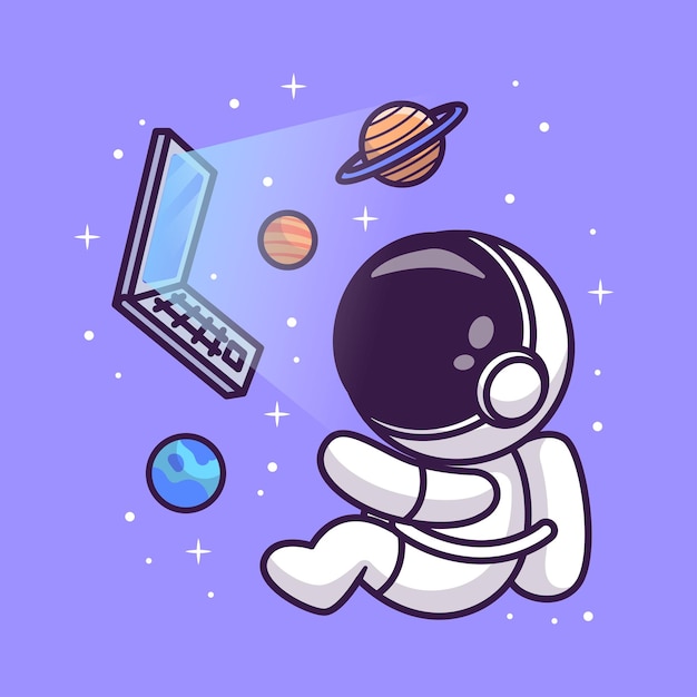 Leuke Astronaut Drijvend Met Laptop En Planeet Op Ruimte Cartoon Vector Pictogram Illustratie Wetenschap