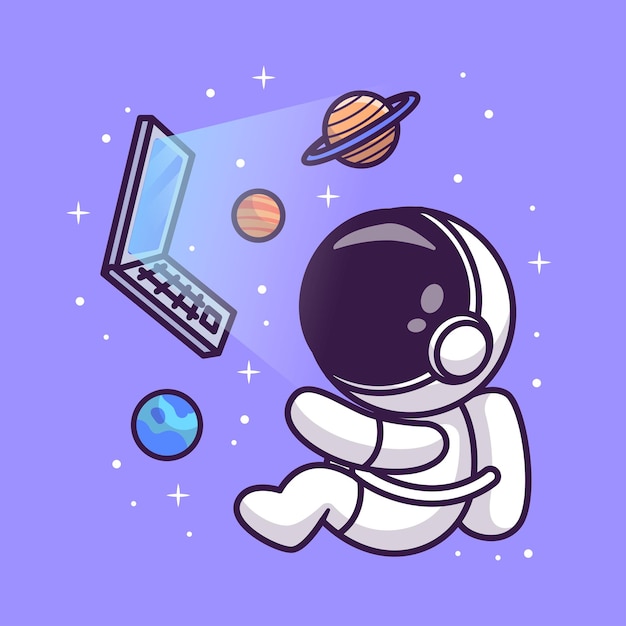 Leuke astronaut drijvend met laptop en planeet op ruimte cartoon vector pictogram illustratie wetenschap