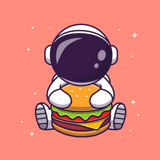 Leuke astronaut eten hamburger cartoon vector icon illustratie. wetenschap voedsel pictogram concept geïsoleerde premium vector. platte cartoonstijl