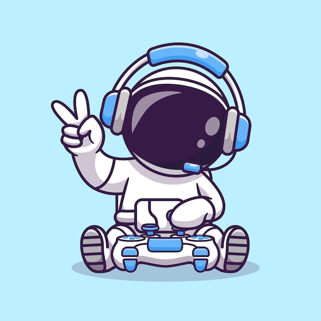 Leuke Astronaut Gamer Holding Joystick Met Hoofdtelefoon Cartoon Vector Pictogram Illustratie Wetenschap Techno