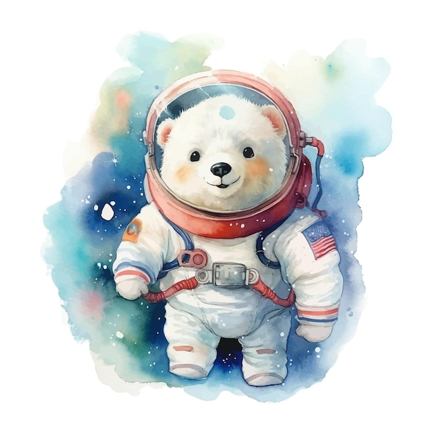 Leuke astronaut ijsbeer cartoon in waterverf schilderij stijl
