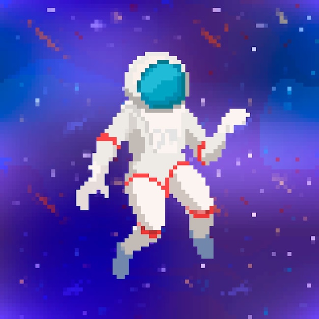 Leuke astronaut in pixelart-stijl op paarse ruimteachtergrond