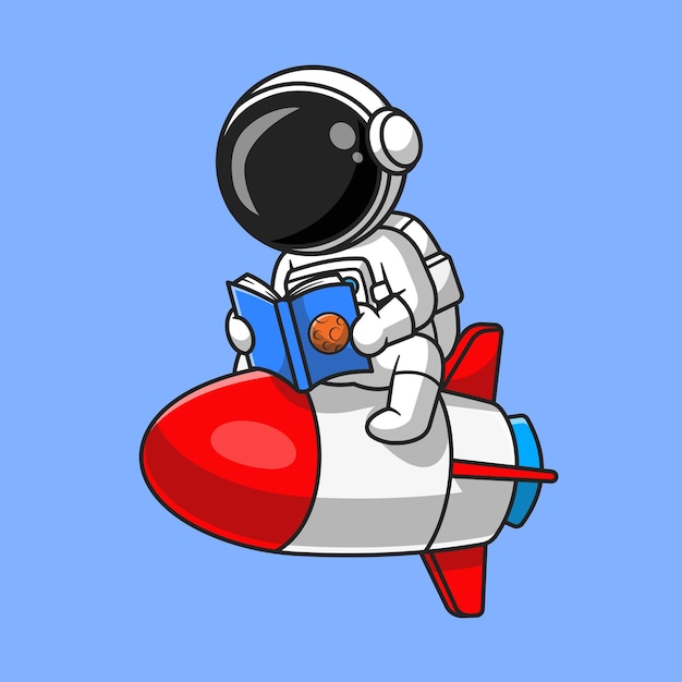 Leuke astronaut leesboek over rocket cartoon vector icon illustratie. technologie onderwijs pictogram concept geïsoleerd premium vector. platte cartoonstijl