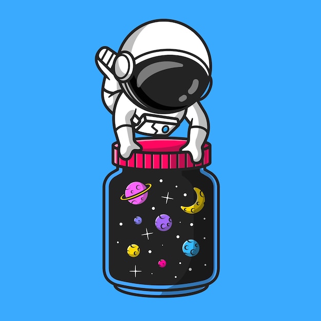 Leuke astronaut met jar van galaxy space cartoon vector icon illustratie. technologie ruimte pictogram concept geïsoleerd premium vector. platte cartoonstijl