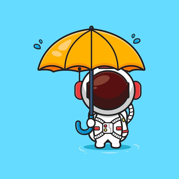 Leuke astronaut met paraplu in de regen cartoon pictogram illustratie. ontwerp geïsoleerde platte cartoonstijl