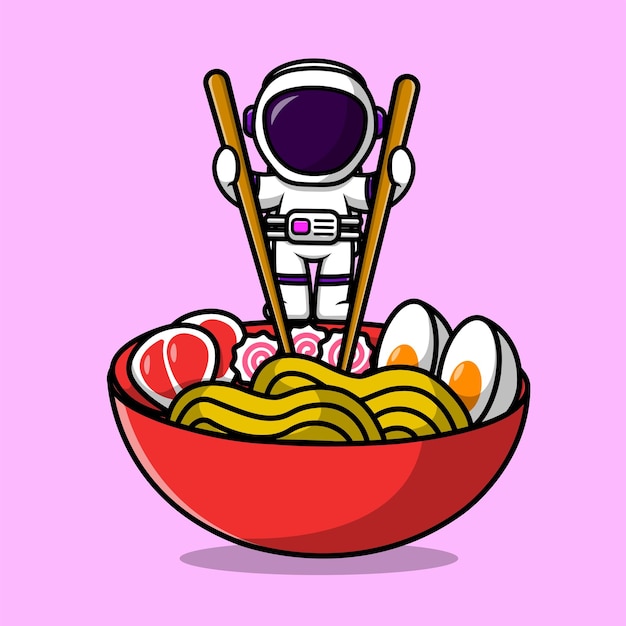 Leuke Astronaut Met Ramen Noodle Cartoon Vector Pictogram Illustratie