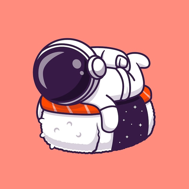 Leuke astronaut met sushi zalm cartoon vector pictogram illustratie. wetenschap voedsel pictogram concept geïsoleerde premium vector. platte cartoonstijl