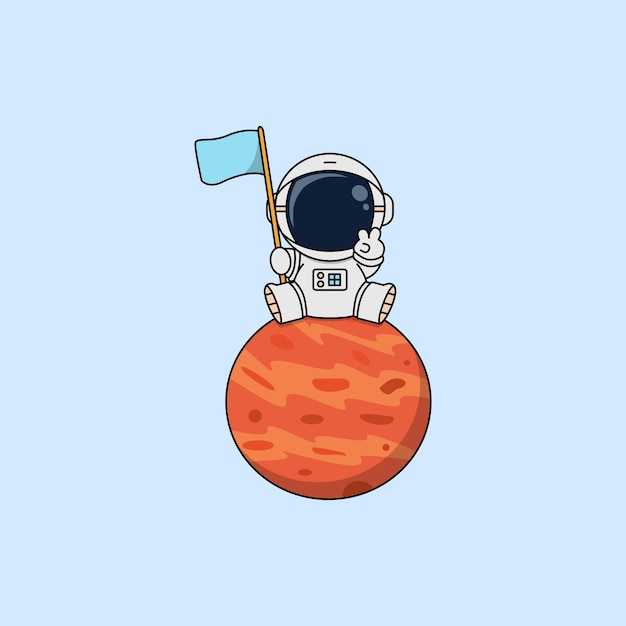 Leuke astronaut met vlag zittend op planeet cartoon vectorillustratie