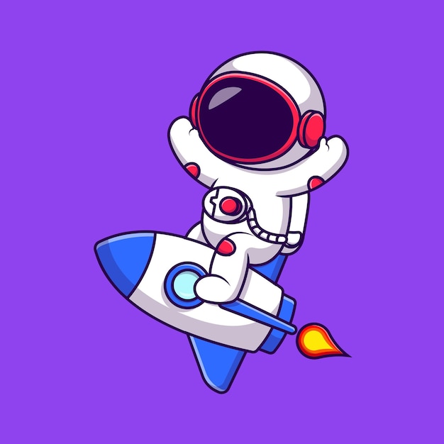 Vector leuke astronaut rijden raket met hand omhoog cartoon vector iconen illustratie