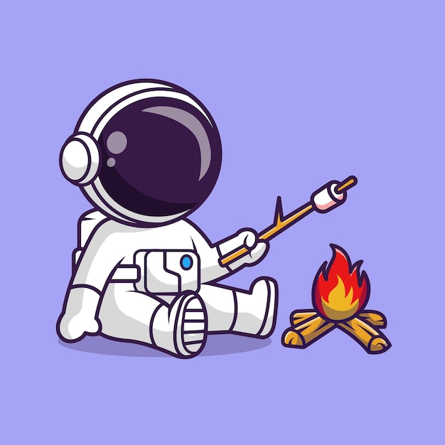 Leuke Astronaut Roosteren Marshmallow Op Vreugdevuur Cartoon Vector Pictogram Illustratie. Wetenschap Voedsel Icoon