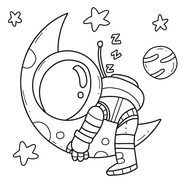 Leuke astronaut slapen op de maan hand getekende kleurboek cartoon geïsoleerd op wit