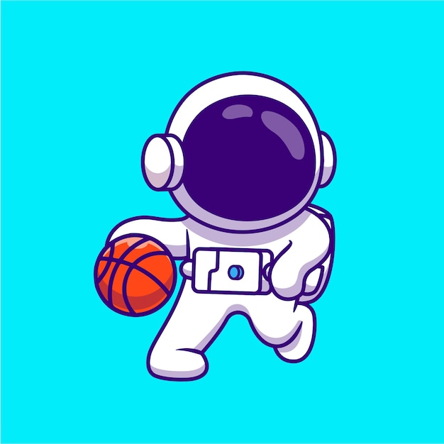 Leuke astronaut spelen basket ball cartoon afbeelding. science sport concept geïsoleerd platte cartoon