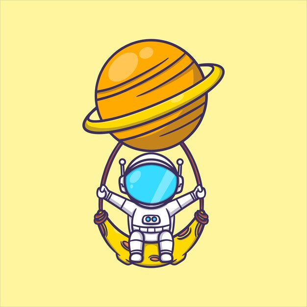 Leuke astronaut spelen op een schommel omringd door planeten cartoon vector pictogram illustratie