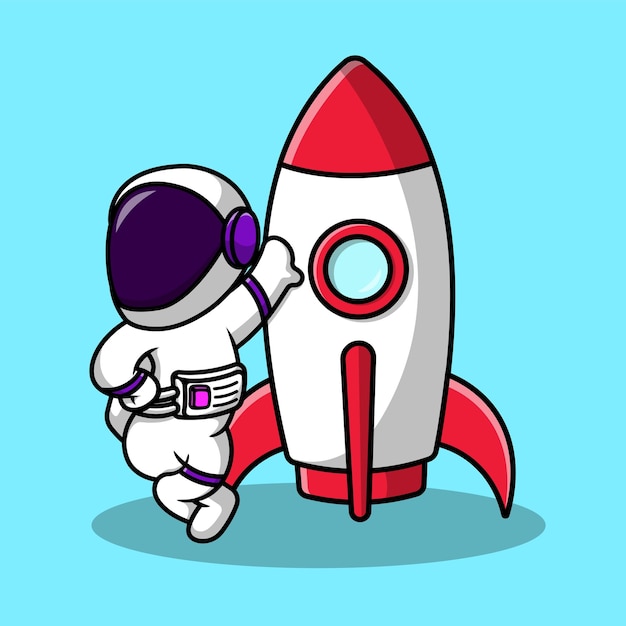 Leuke Astronaut Staande Op Raket Cartoon Vector Pictogram Illustratie