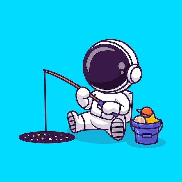 Leuke Astronaut Vissen Planeet Op Ruimte Cartoon Vector Pictogram Illustratie Wetenschap Technologie Geïsoleerd