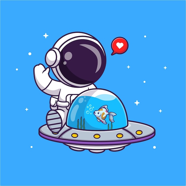 Vector leuke astronaut vliegen met aquarium ufo vis cartoon vector pictogram illustratie wetenschap dier plat