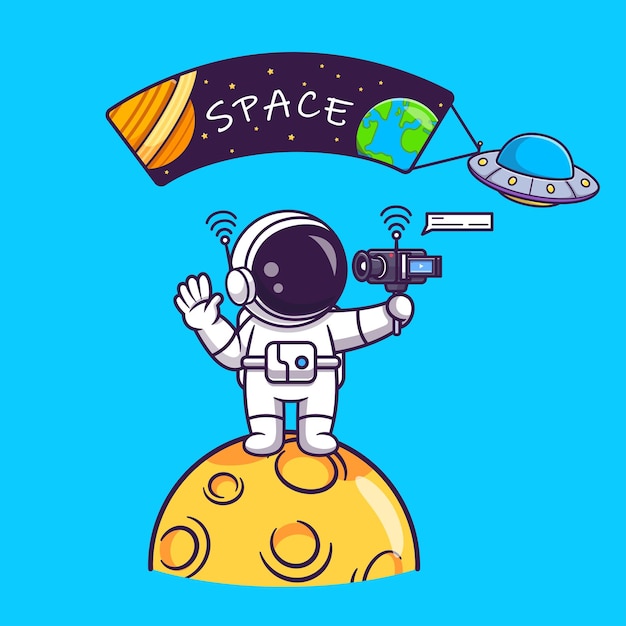 Leuke Astronaut Vloggen Op Ruimte Cartoon Vector Pictogram Illustratie Wetenschap Technologie Pictogram Concept