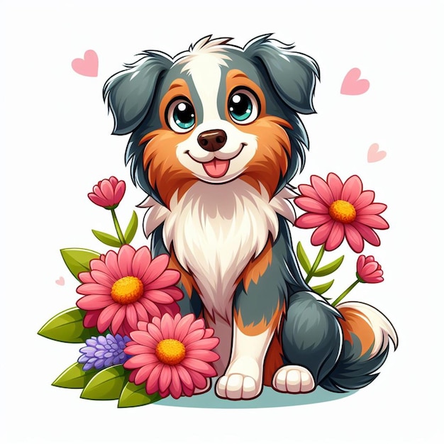 Leuke Australische herdershonden en Flower Vector Cartoon illustratie