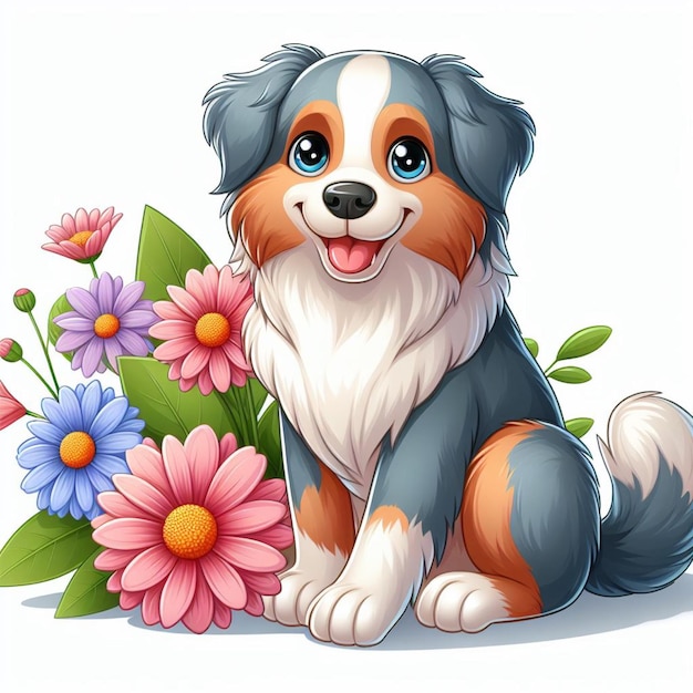 Leuke Australische herdershonden en Flower Vector Cartoon illustratie