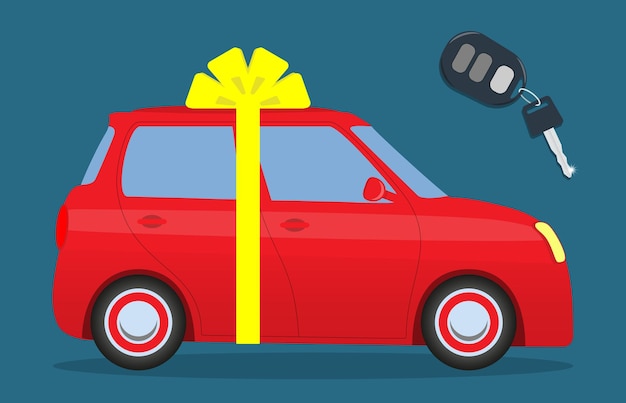 Leuke auto met een strikje Sleutel met de duim Auto als cadeau Vector illustratie