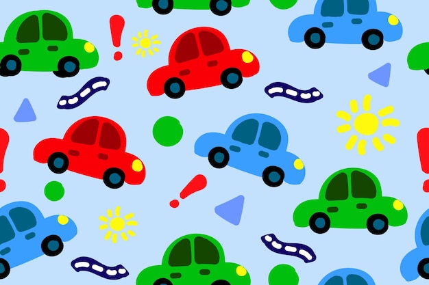 Leuke auto speelgoed voor jongen naadloze patroon Kids hand getekende auto op blauwe achtergrond Doodle vervoer eindeloos behang