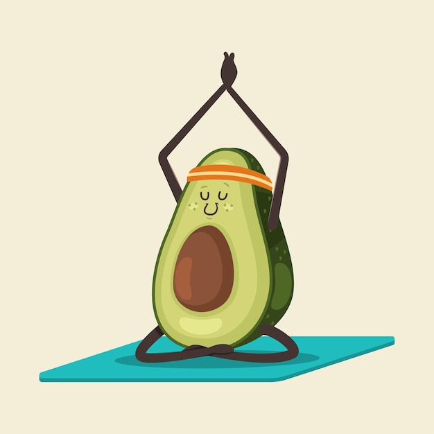 Leuke avocado in yoga pose. grappig fruit stripfiguur geïsoleerd op een achtergrond. gezond eten en fit zijn.