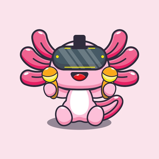 Leuke axolotl die virtual reality cartoon vectorillustratie speelt