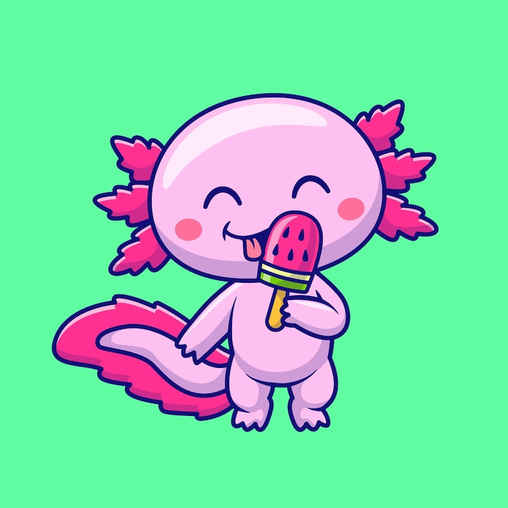 Vector leuke axolotl eet watermeloen ijs cartoon vector icon illustratie diervoedsel geïsoleerd plat