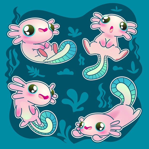 Leuke axolotl-vectorset, schattige salamander