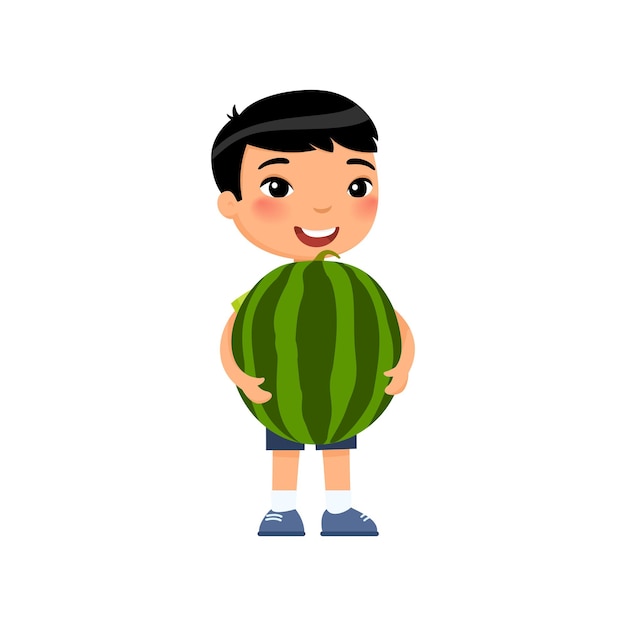 Leuke Aziatische jongen die het concept van de watermeloenoogst houdt