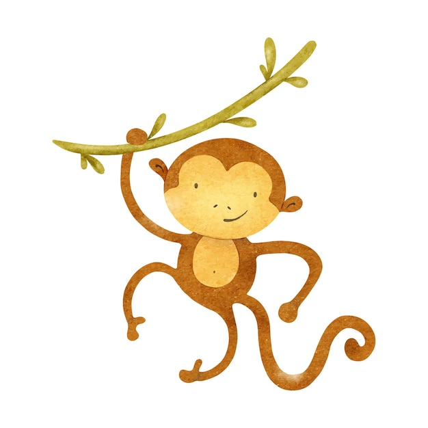 Leuke baby aap die aan een liana hangt geïsoleerde met de hand getekende waterverf illustratie van een marmoset Afrikaans dier Kinderen Safari Macaque voor ontwerp baby douche kaarten posters kinderen goederen en kamers