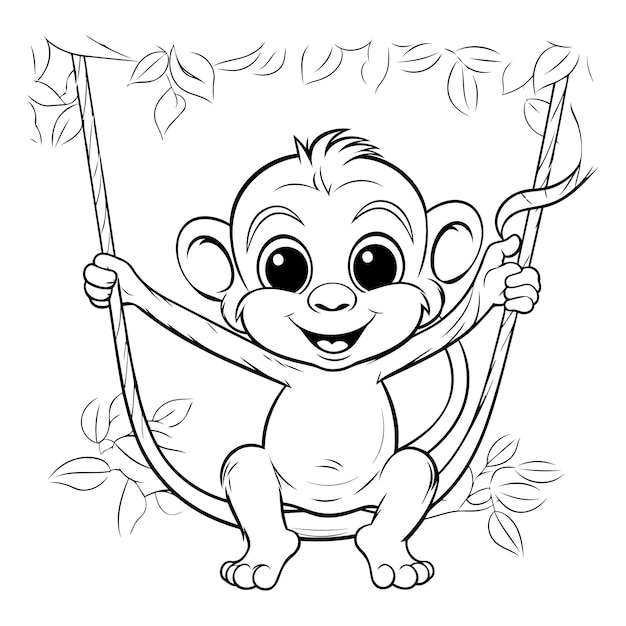 Leuke baby aap die op een schommel zit Vector illustratie voor kleurboek