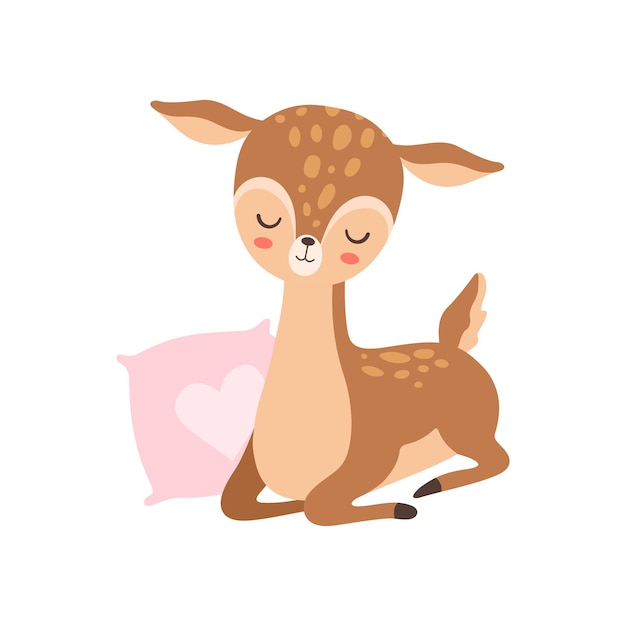 Leuke baby hert slapen met roze kussen schattige bos fawn dier vector illustratie