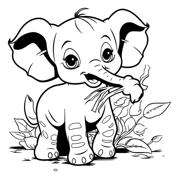 Leuke baby olifant met bladeren zwart-wit vector illustratie