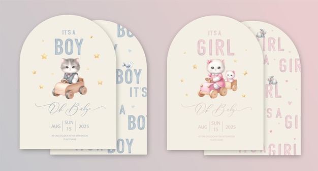 Leuke baby shower aquarel boog uitnodigingskaart met speelgoed kitten zit in een speelgoed houten auto