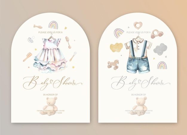 Leuke baby shower aquarel uitnodigingskaart met baby jurk en speelgoed