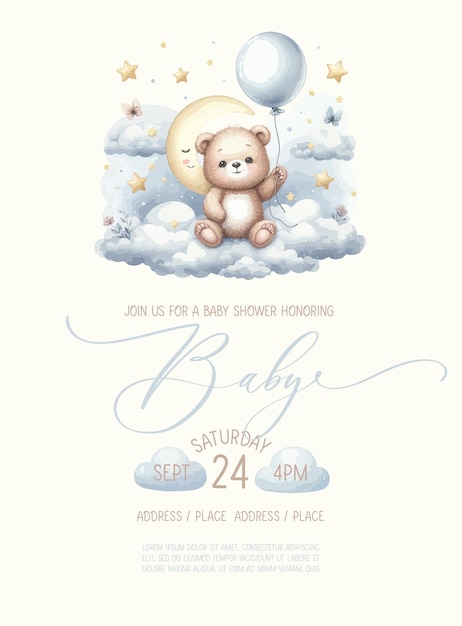 Leuke baby shower aquarel uitnodigingskaart met beer op wolk met ballon