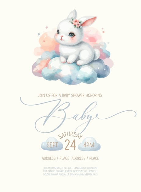 Leuke baby shower aquarel uitnodigingskaart met konijn op wolk