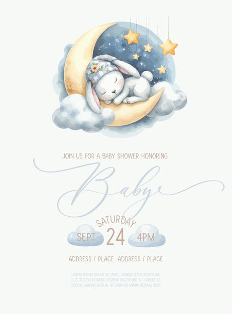 Vector leuke baby shower aquarel uitnodigingskaart met slapend konijn op maan en wolk