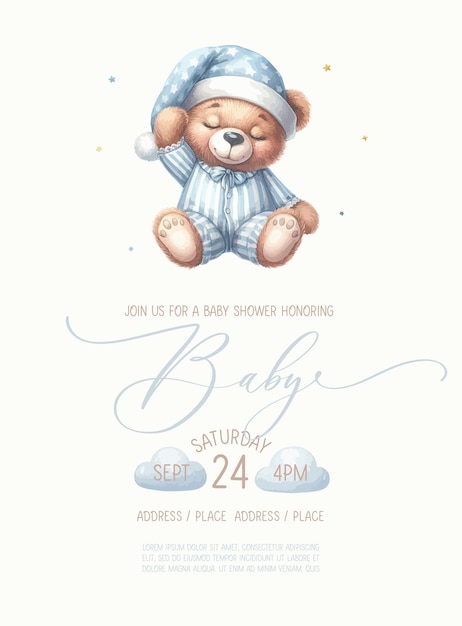 Leuke baby shower aquarel uitnodigingskaart met slapende beer