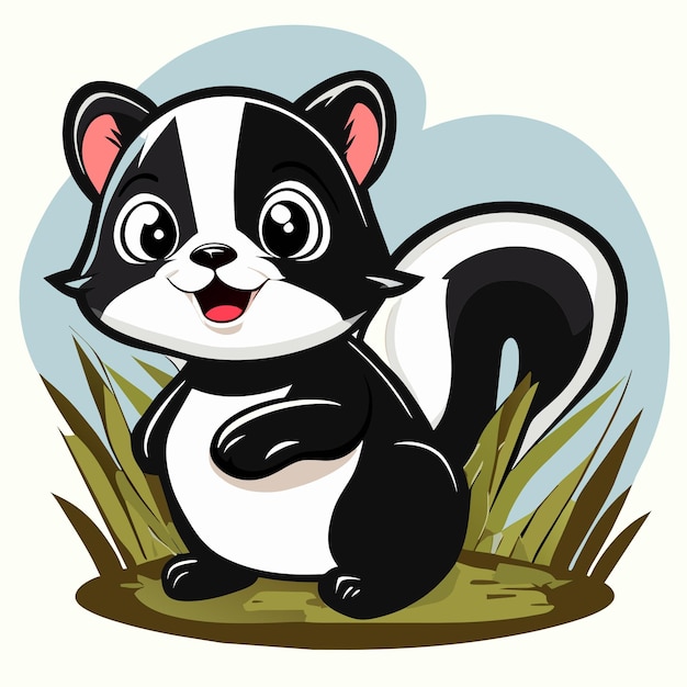 Leuke baby skunk zit in het gras met de hand getekende cartoon sticker icoon concept geïsoleerde illustratie