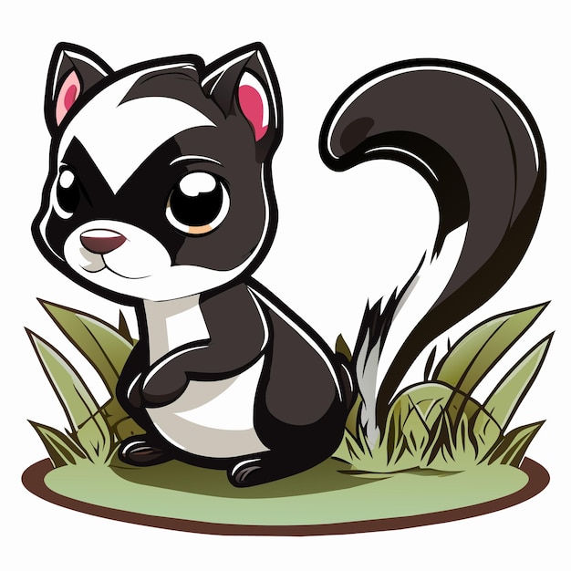 Leuke baby skunk zit in het gras met de hand getekende cartoon sticker icoon concept geïsoleerde illustratie