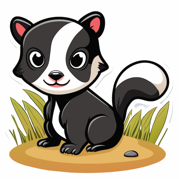 Leuke baby skunk zit in het gras met de hand getekende cartoon sticker icoon concept geïsoleerde illustratie