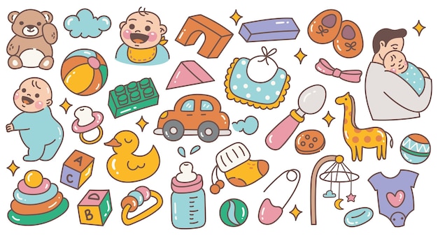Leuke baby speelgoed Doodle Set Hand getekende vector van baby speelgoed en accessoires