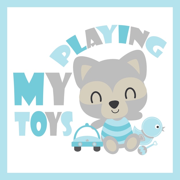 Leuke baby wasbeer speelt auto en eend speelgoed vector cartoon illustratie voor baby shower kaart ontwerp, briefkaart en behang