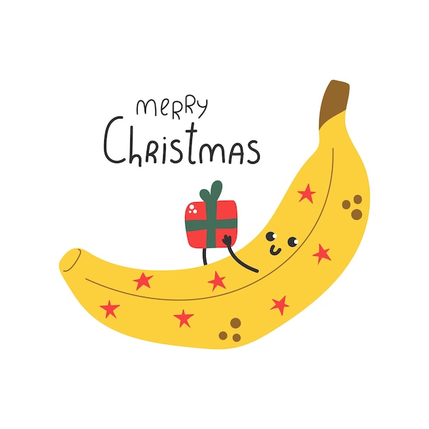 Vector leuke banaan met geschenkdoos en leuk gezicht tekst merry christmas